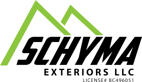 Logo for Schyma Exteriors LLC with green stylized roof shapes above bold black text; includes the license number BC496051 in the lower right corner.